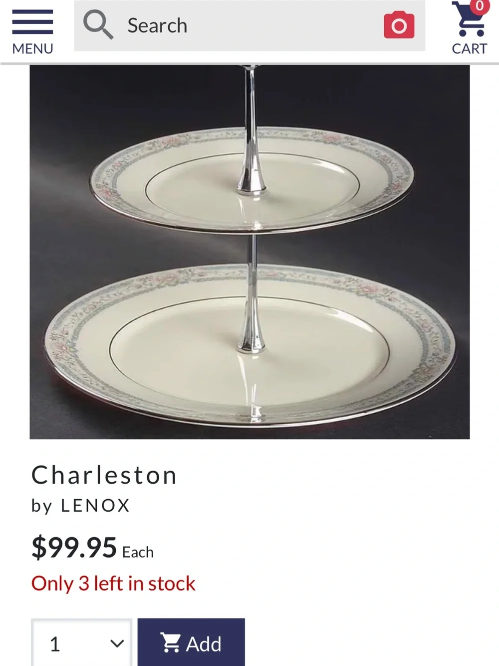 Lenox  Charleston Two Tier Cream and Pink, Silver Rimmed. Floral Serving Stand